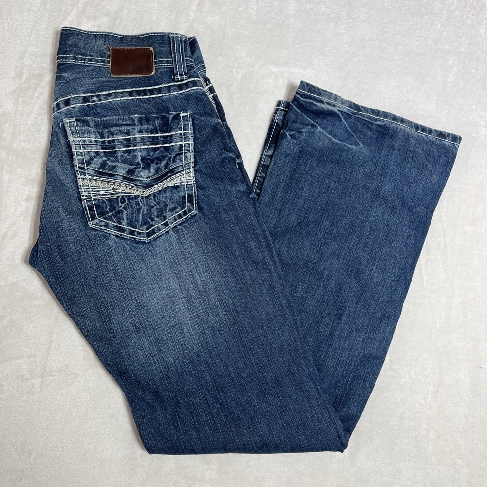 BKE Buckle Justin Mens 28x31 1/2 Distressed Straight Thick Stitch Jeans Jake EUC - Picture 2 of 16